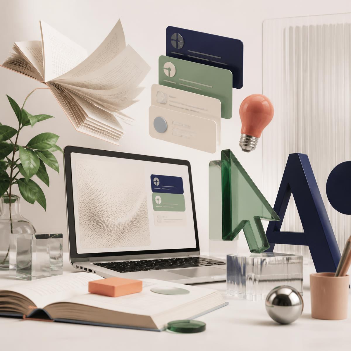 Ferramentas criativas e materiais digitais representando o aprendizado com inteligência artificial